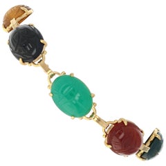 Vintage Multi-Gemstone Scarab Beetle Bracelet, 14 Karat Gold Chalcedony Tiger Eye Onyx