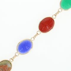 Multi-Gemstone Scarab Beetle Link Bracelet, 14k Gold Carved Cabochons Chalcedony