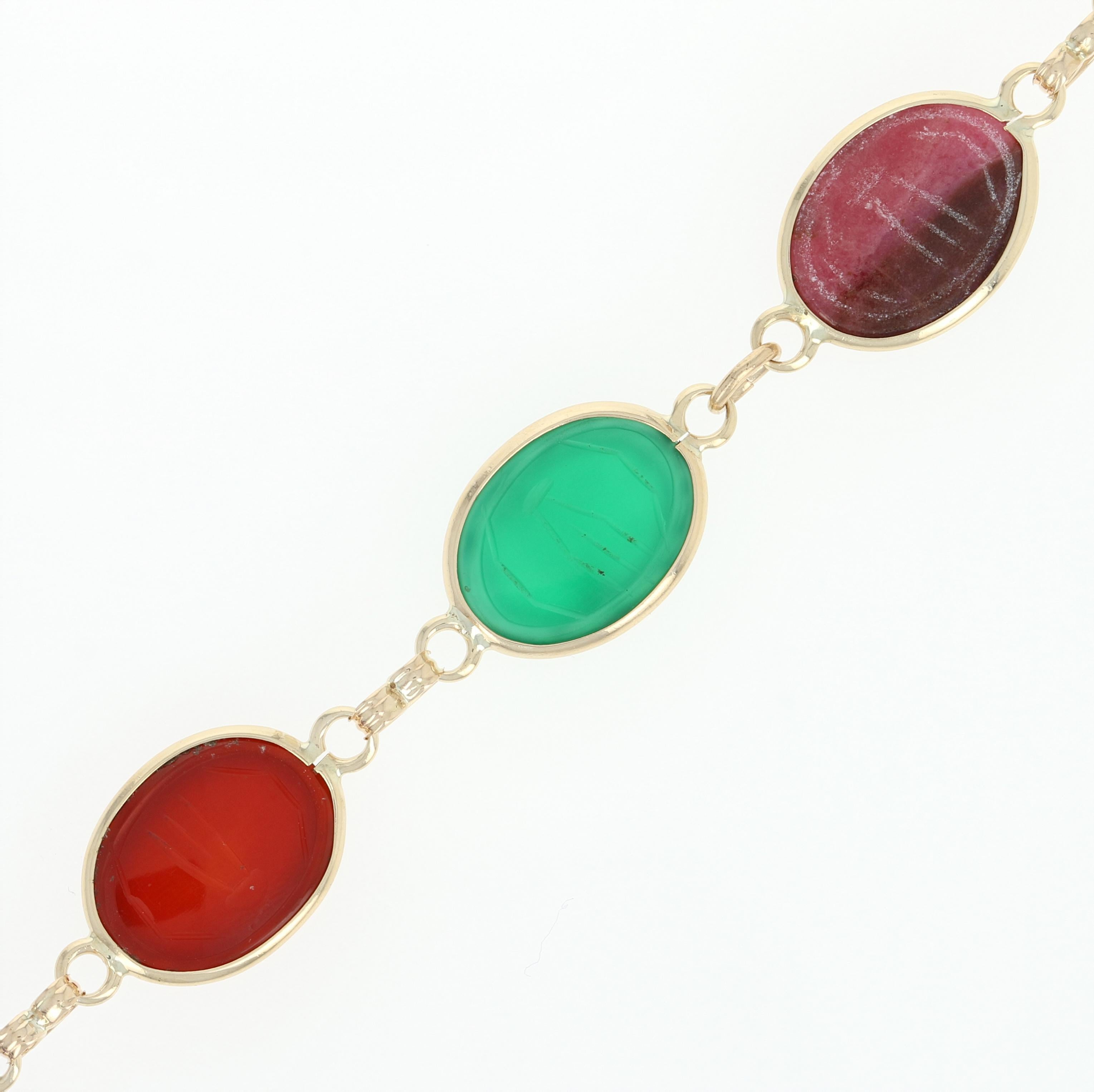 Multi-Gemstone Scarab Beetle Link Bracelet, 14k Gold Carved Cabochons Chalcedony In Excellent Condition In Greensboro, NC