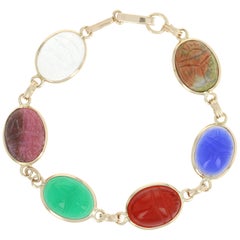 Vintage Multi-Gemstone Scarab Beetle Link Bracelet, 14k Gold Carved Cabochons Chalcedony