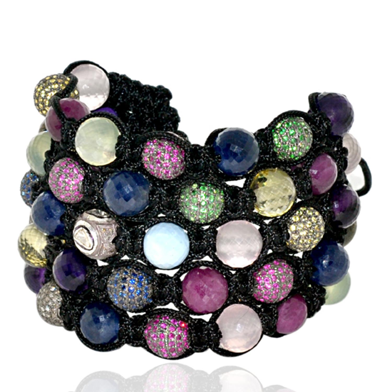 Art Deco Multi Gemstone Sewn Pave Beads Handmade Bracelet For Sale