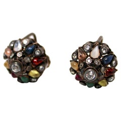 Multi-Gemstone Silver Earrings With Diamond Accents circa 1940s
