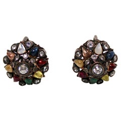 Multi-Gemstone Silver Earrings With Diamond Accents circa 1940s Multi-Gemstone Silver Earrings With Diamond Accents circa 1940s