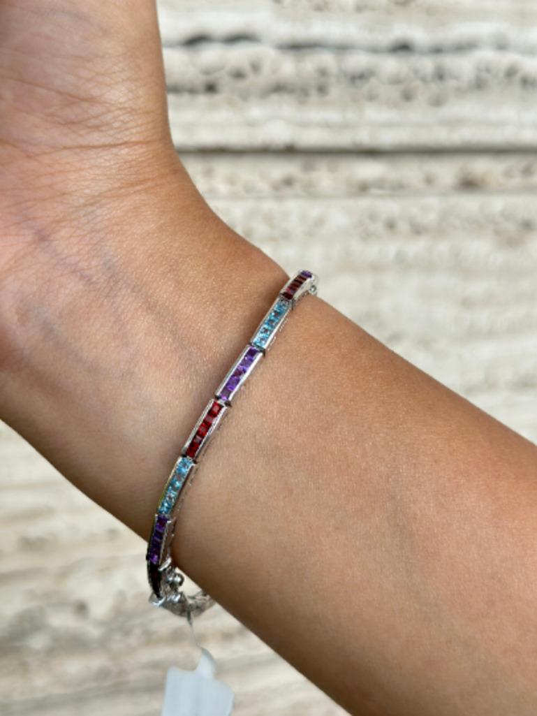 Modern Multi Gemstone Sleek Tennis Bracelet Gift for Grandma in Sterling Silver For Sale