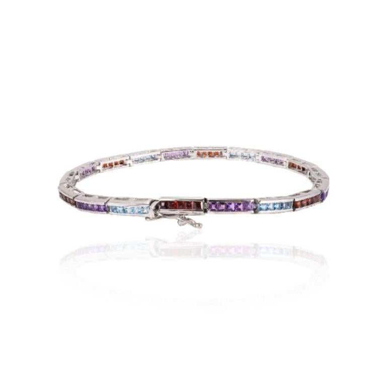 Square Cut Multi Gemstone Sleek Tennis Bracelet Gift for Grandma in Sterling Silver For Sale