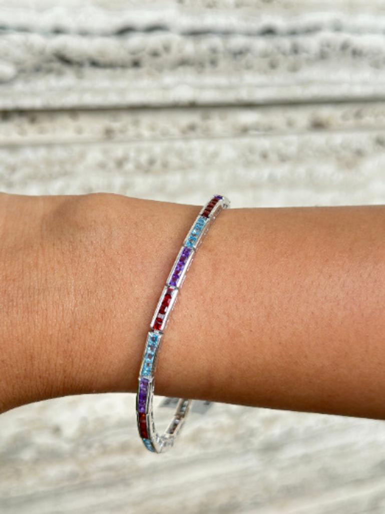Multi Gemstone Sleek Tennis Bracelet Gift for Grandma in Sterling Silver For Sale 1
