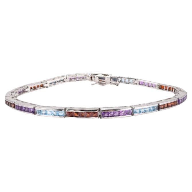 Multi Gemstone Sleek Tennis Bracelet Gift for Grandma in Sterling Silver For Sale