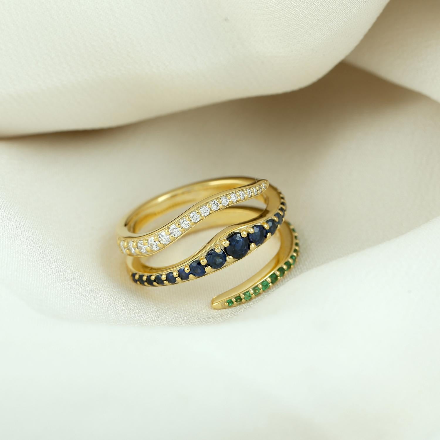 Multi Gemstone Spiral Ring With Diamonds Made In 14k Yellow Gold (Art déco) im Angebot