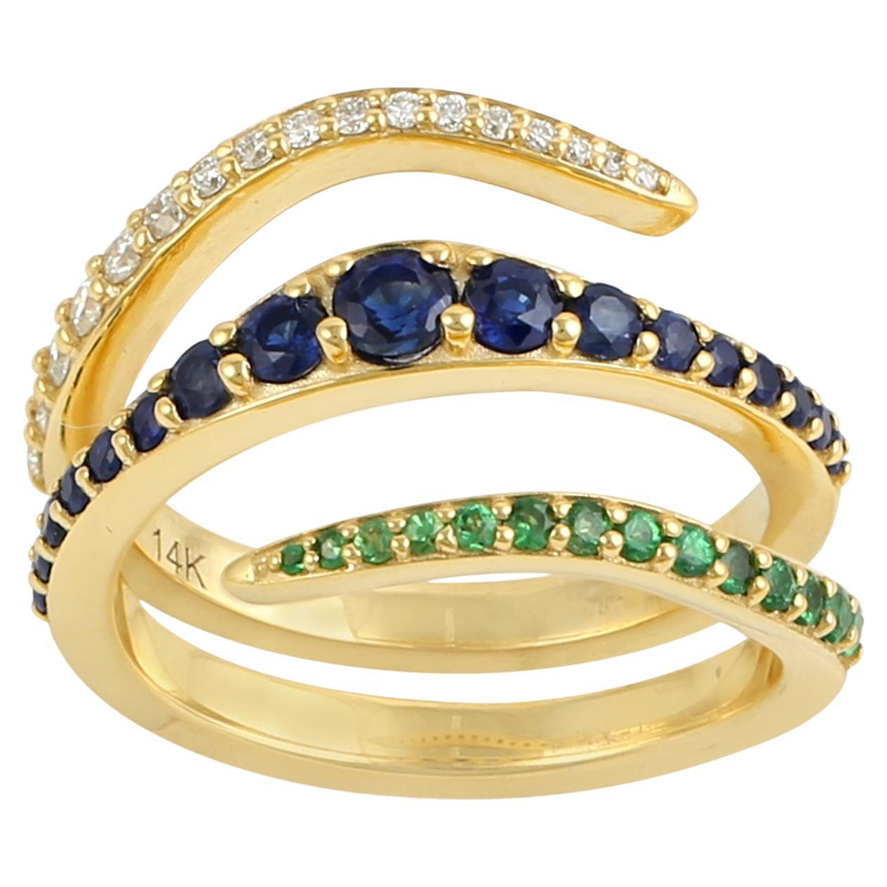 Multi Gemstone Spiral Ring With Diamonds Made In 14k Yellow Gold