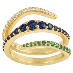 Multi Gemstone Spiral Ring With Diamonds Made In 14k Yellow Gold