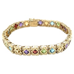 Multi Gemstone Square Link Bracelet in 14K Yellow Gold