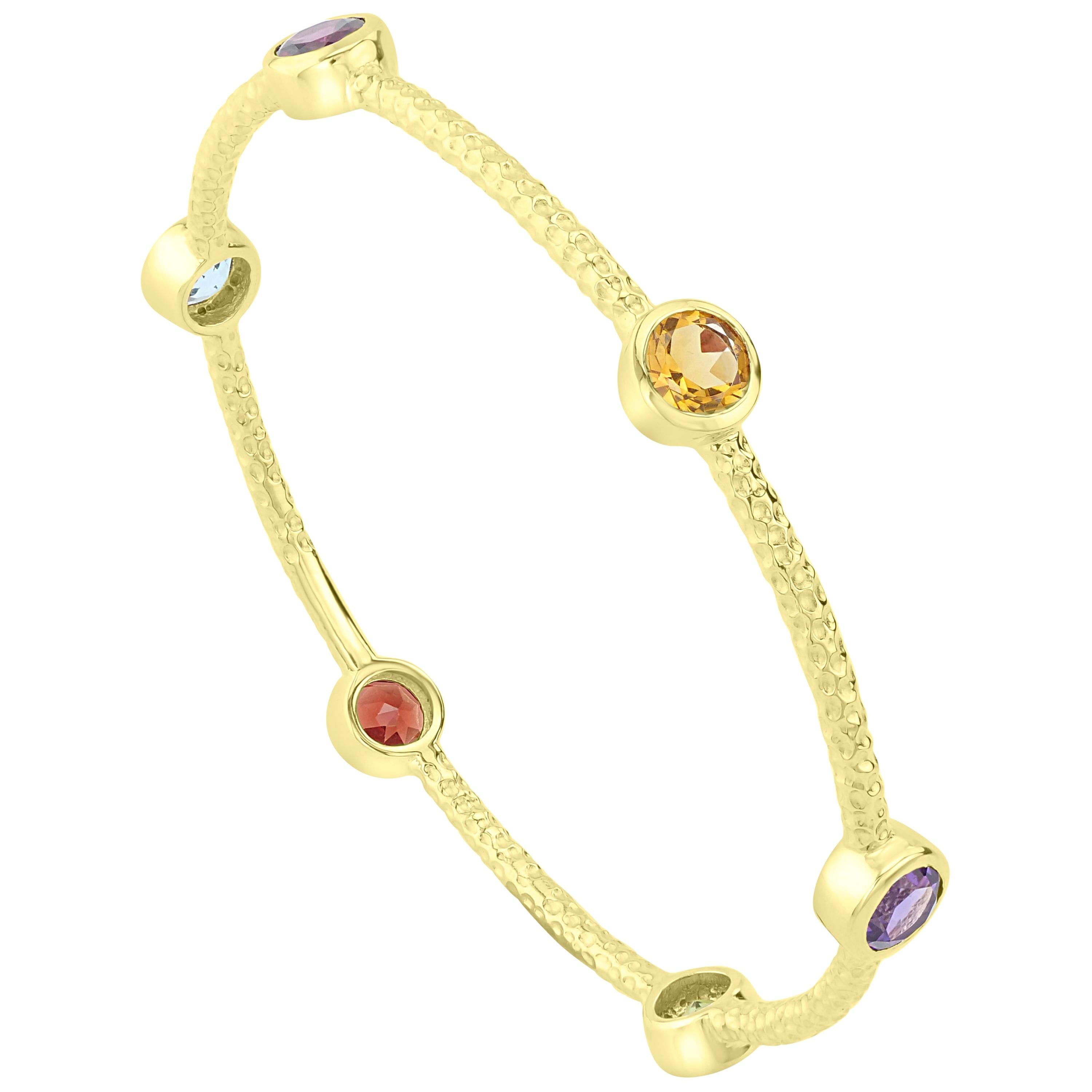 14K Yellow Gold-Plated Sterling Silver Multi Gemstone Station Bangle