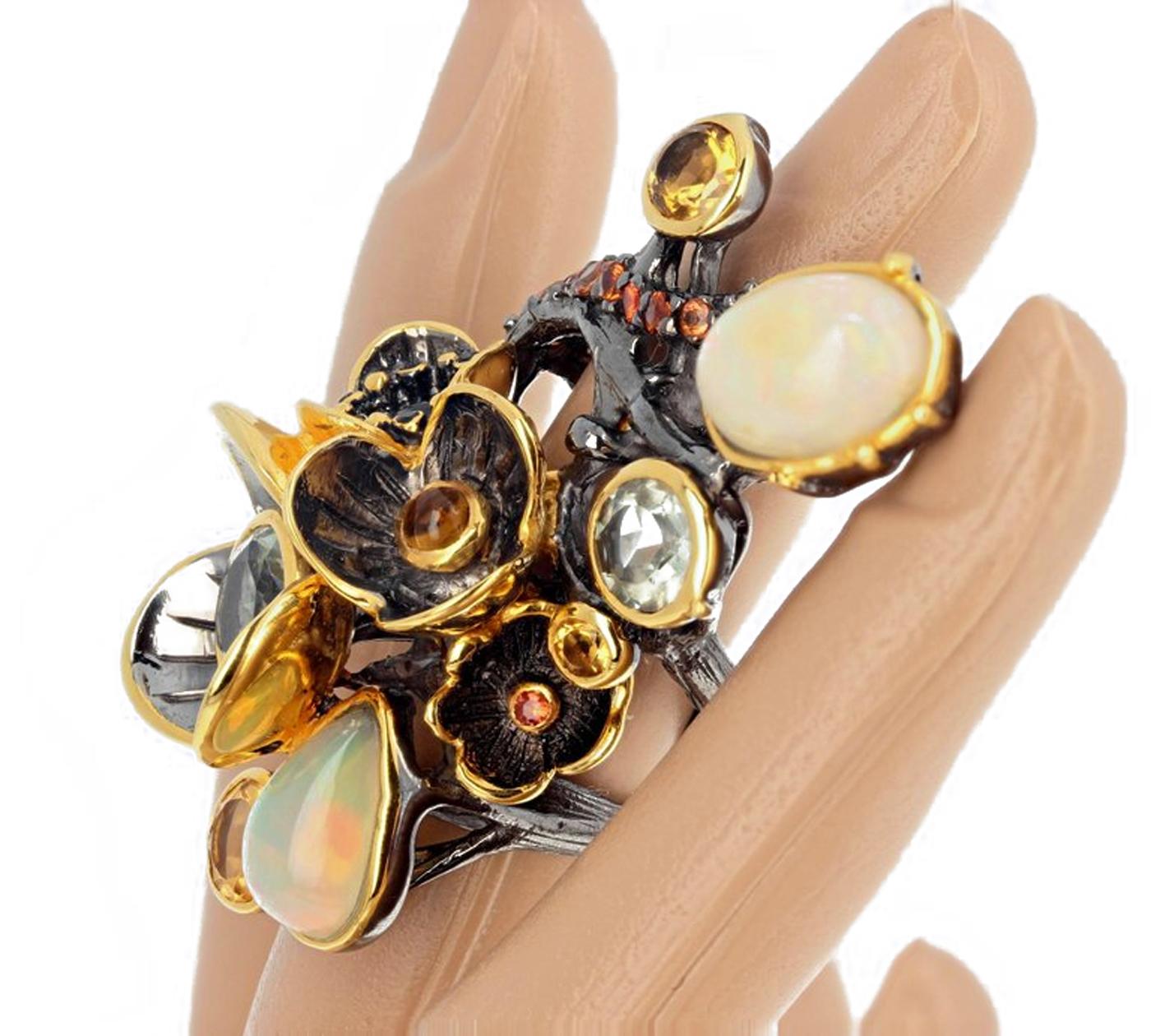 Mixed Cut AJD HUGE Modern Show-off Multi-Gemstone Sterling Silver & Gold STATEMENT Ring