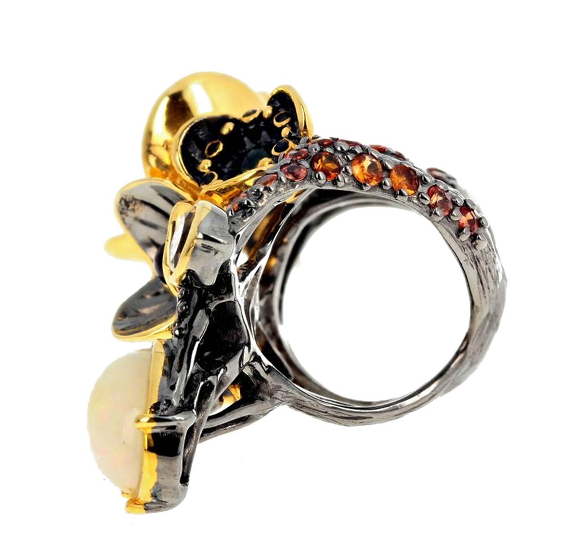 Women's or Men's AJD HUGE Modern Show-off Multi-Gemstone Sterling Silver & Gold STATEMENT Ring