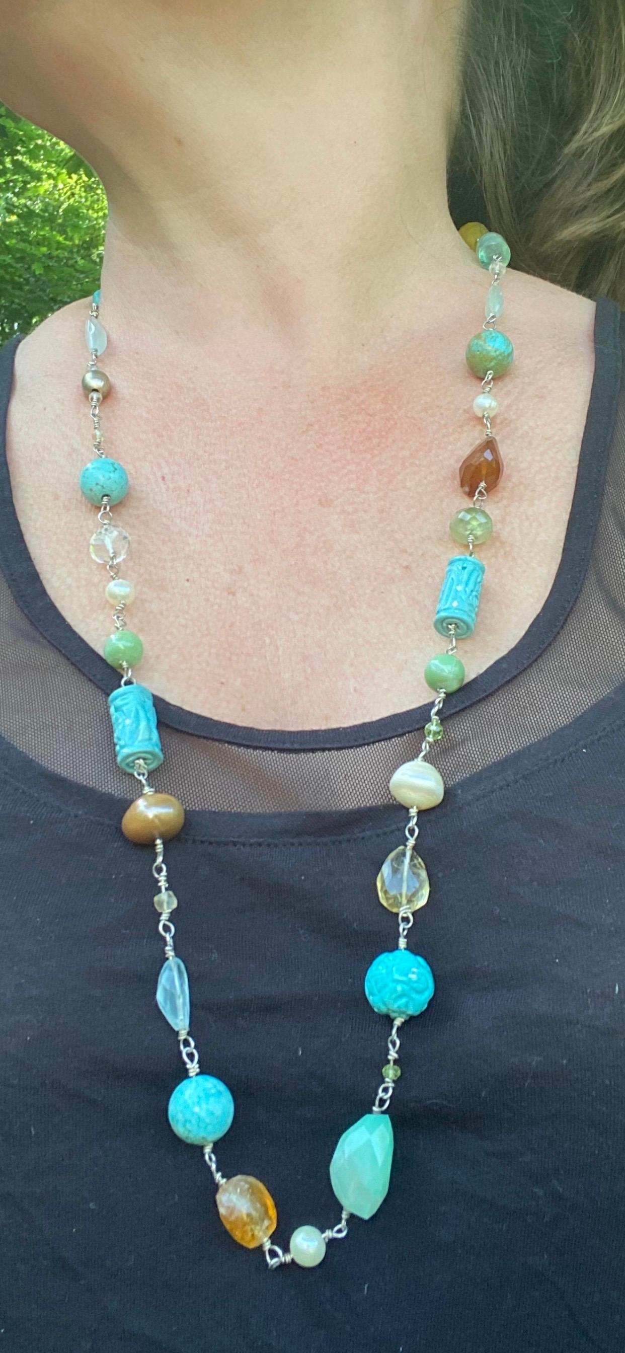 Artist Multi Gemstone Sterling Silver Wire Wrapped Necklace For Sale