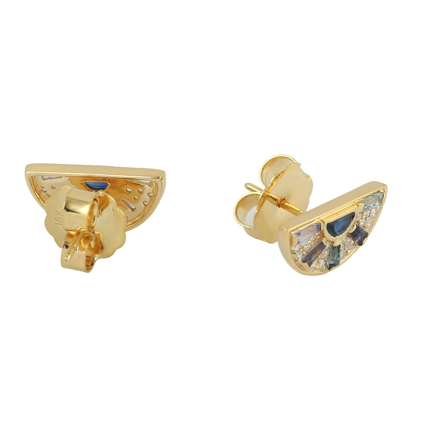 Mixed Cut Multi Gemstone Stud Earrings With Pave Diamond Made In 18K Yellow Gold For Sale
