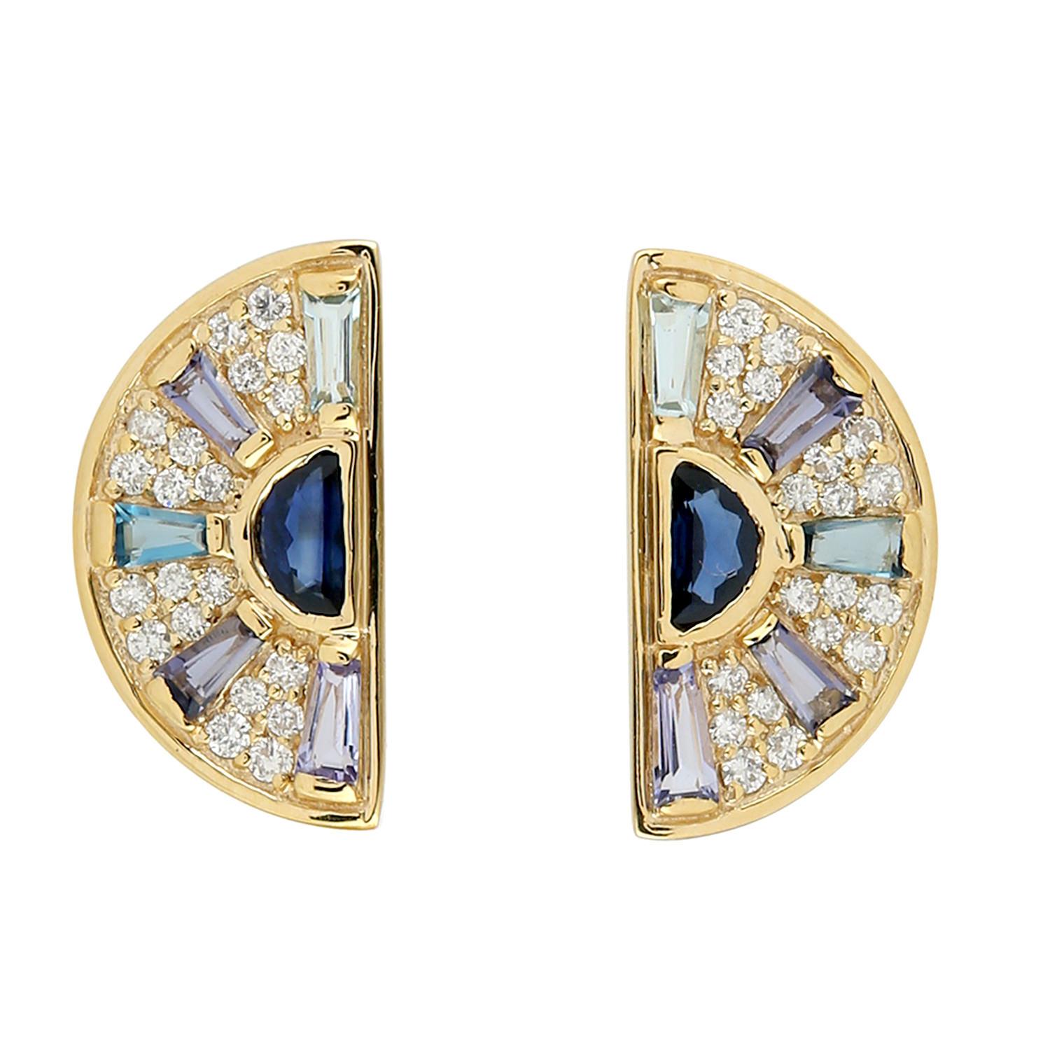 Multi Gemstone Stud Earrings With Pave Diamond Made In 18K Yellow Gold In New Condition For Sale In New York, NY