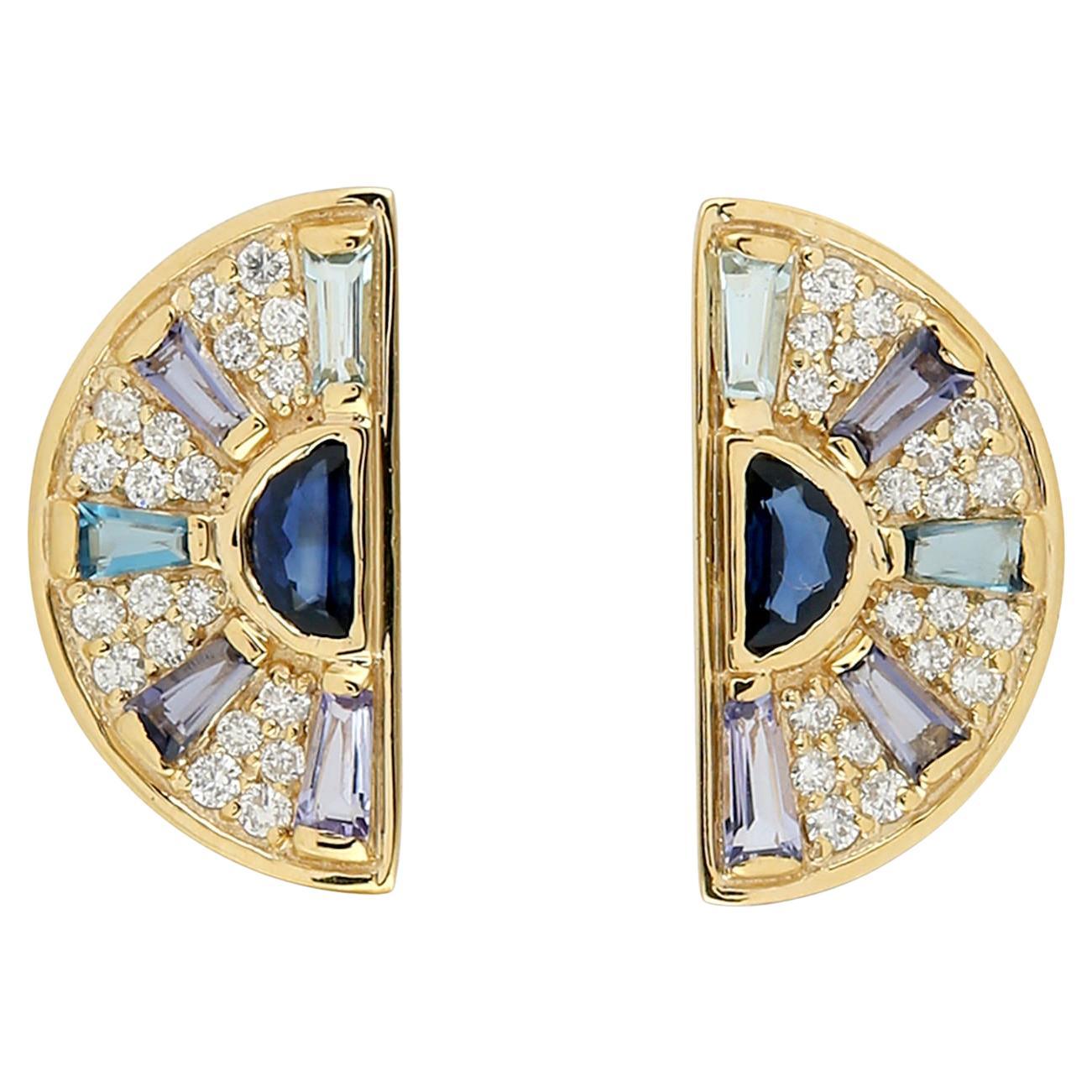 Multi Gemstone Stud Earrings With Pave Diamond Made In 18K Yellow Gold