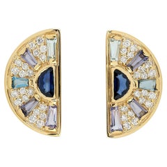 Boucles d'oreilles en or jaune 18 carats avec diamants pavés et pierres précieuses