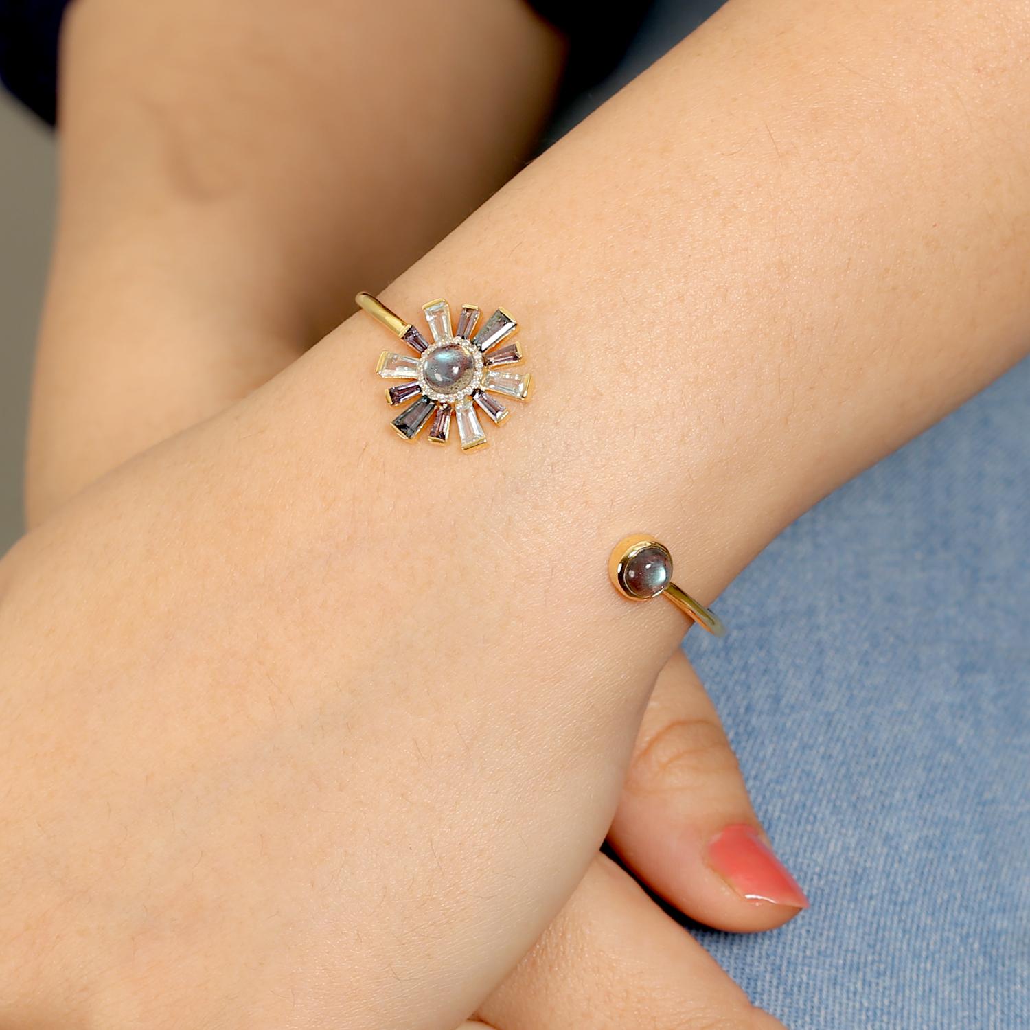 Artisan Multi Gemstone Sunburst Bracelet With Diamonds In 18k Yellow Gold For Sale