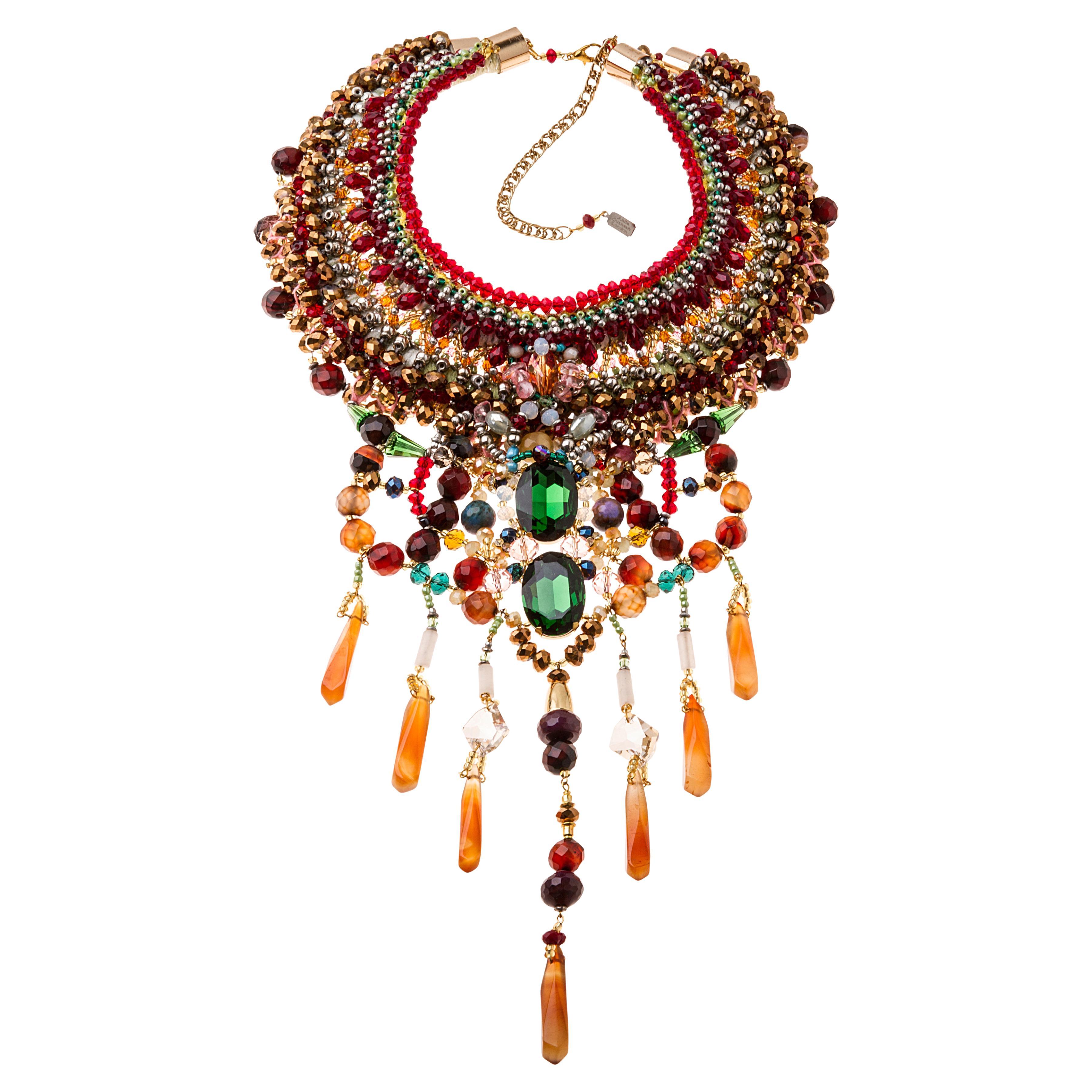 Multi Gemstone Swarovski Crystal-Embellished Carnelian Fringe Collar Necklace For Sale