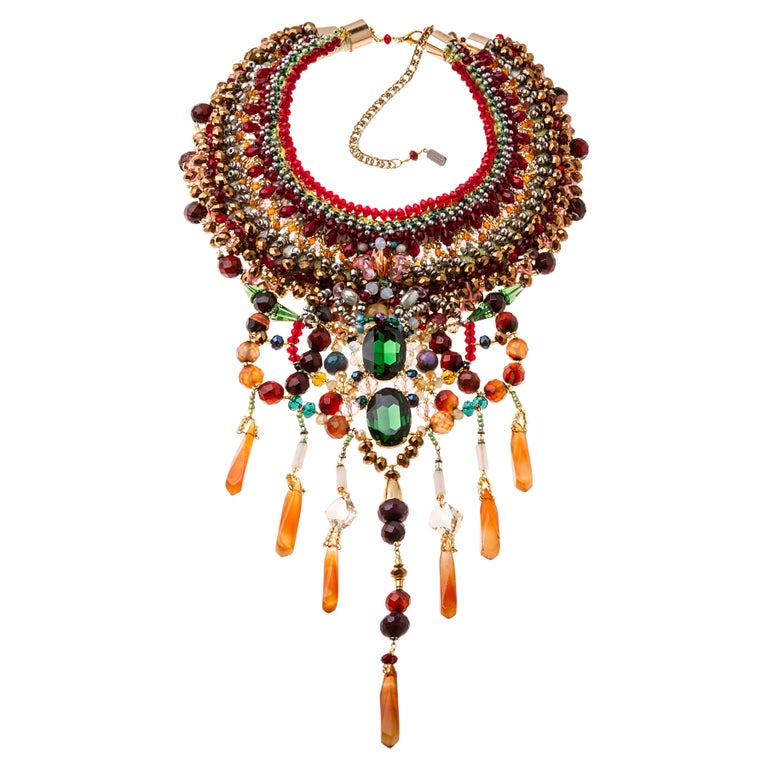 Multi Gemstone Swarovski CrystalEmbellished Carnelian Fringe Collar