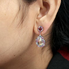 Multi Gemstone Vibrant Earrings With Pear Shaped Rainbow Moonstone & Diamonds