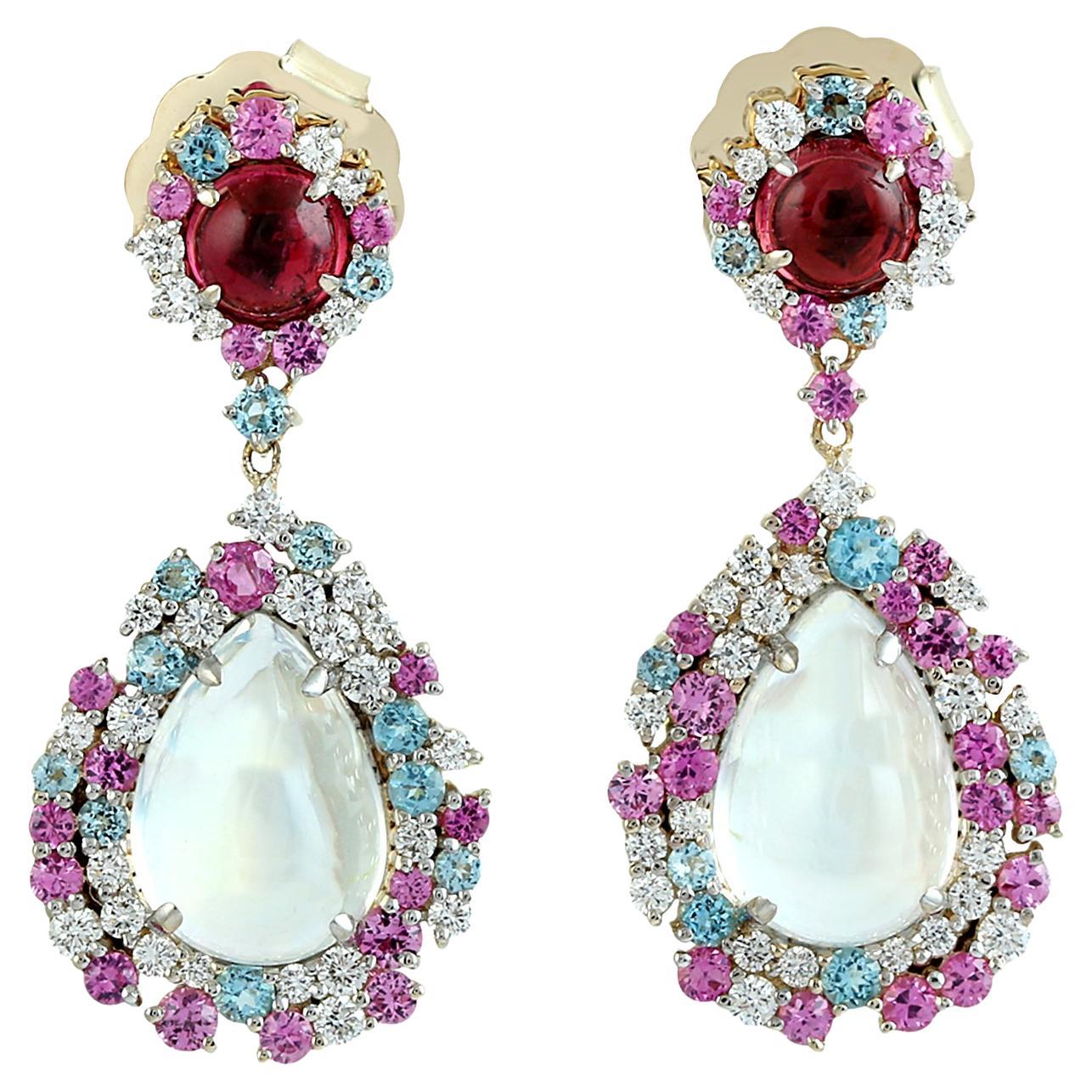 Multi Gemstone Vibrant Earrings With Pear Shaped Rainbow Moonstone & Diamonds
