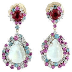 Multi Gemstone Vibrant Earrings With Pear Shaped Rainbow Moonstone & Diamonds