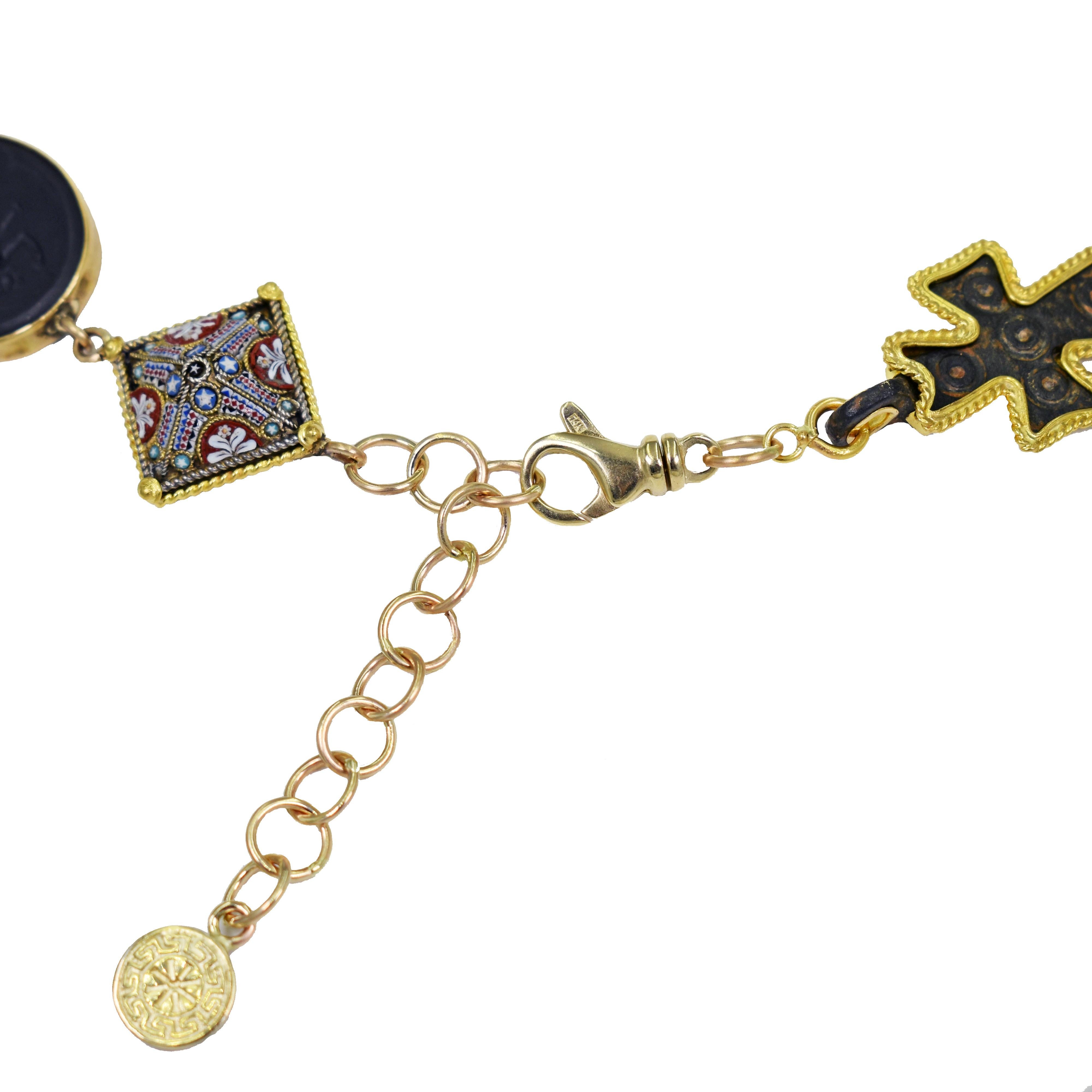 Contemporary Multi-Gemstone, Pendant and Ancient Artifact 14 Karat Gold Bohemian Necklace