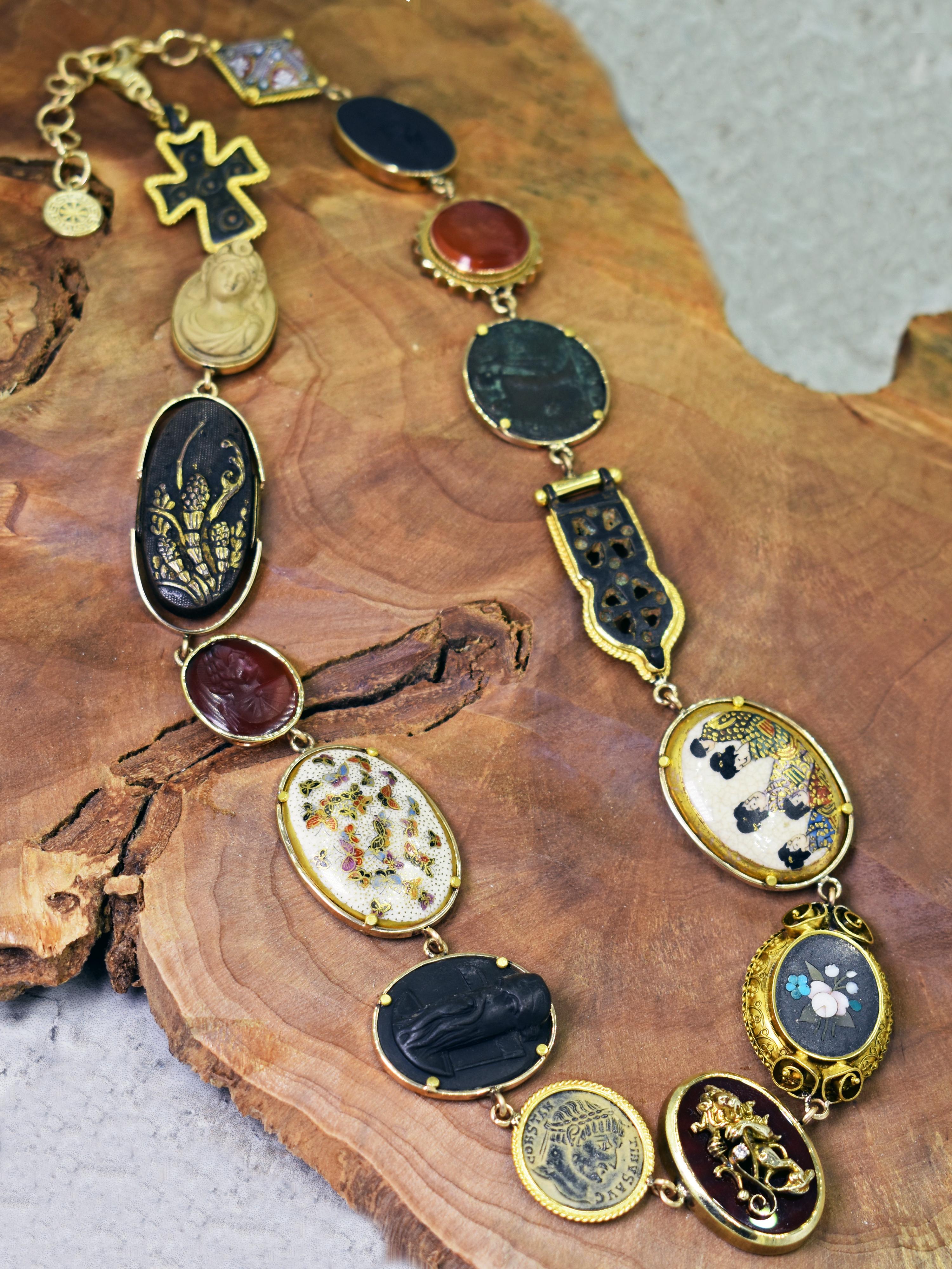 Women's Multi-Gemstone, Pendant and Ancient Artifact 14 Karat Gold Bohemian Necklace