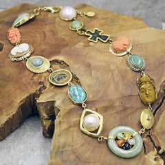 Multi-Gemstone, Vintage Pendant and Ancient Coin 14 Karat Gold Bohemian Necklace
