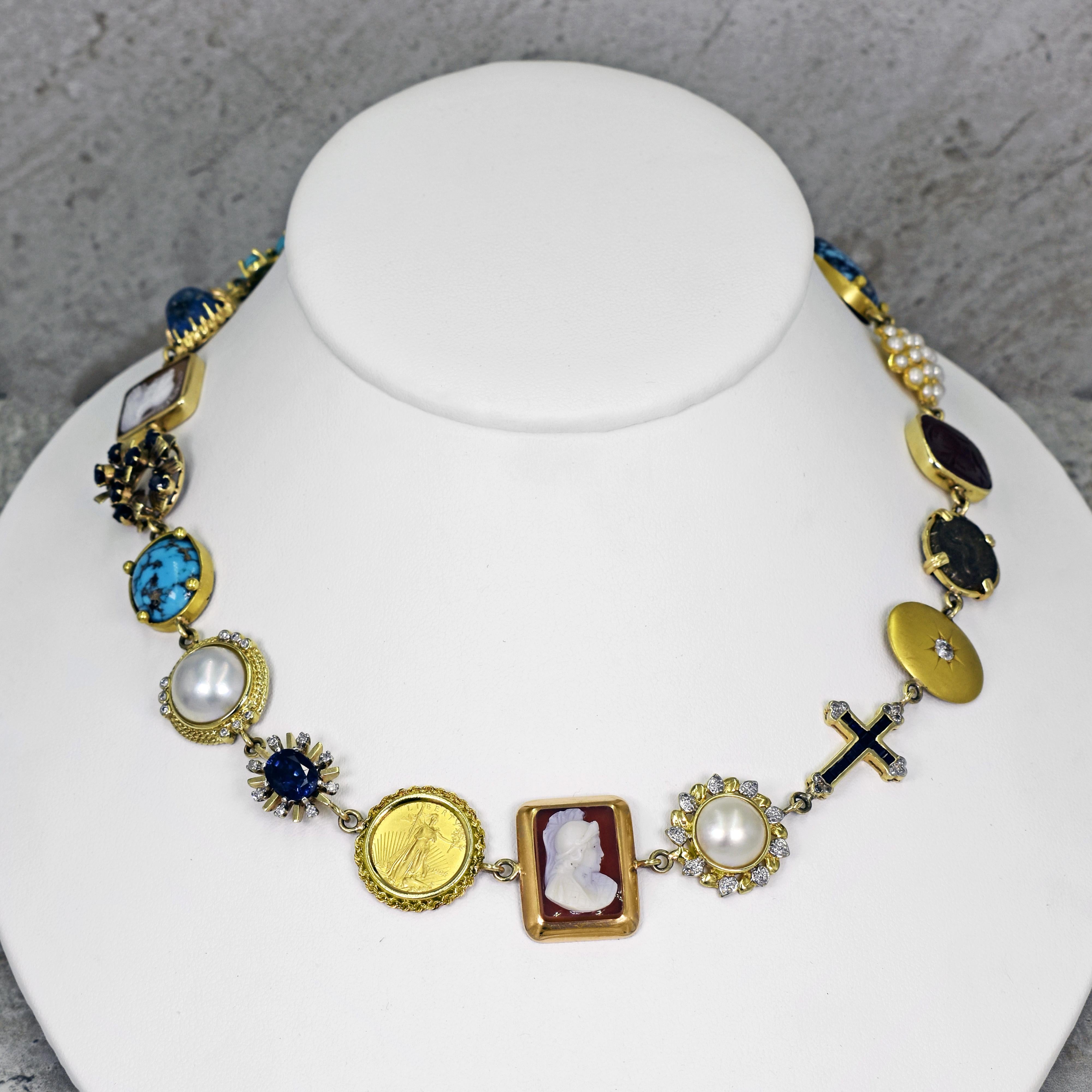 One-of-a-kind Vicki Orr 14k yellow gold Bohemian necklace with a variety of gemstones, vintage and antique jewelry components and an ancient coin. Necklace has 17 unique pieces, featuring Persian Turquoise, Lapis Lazuli, Vintage Cameo, Blue