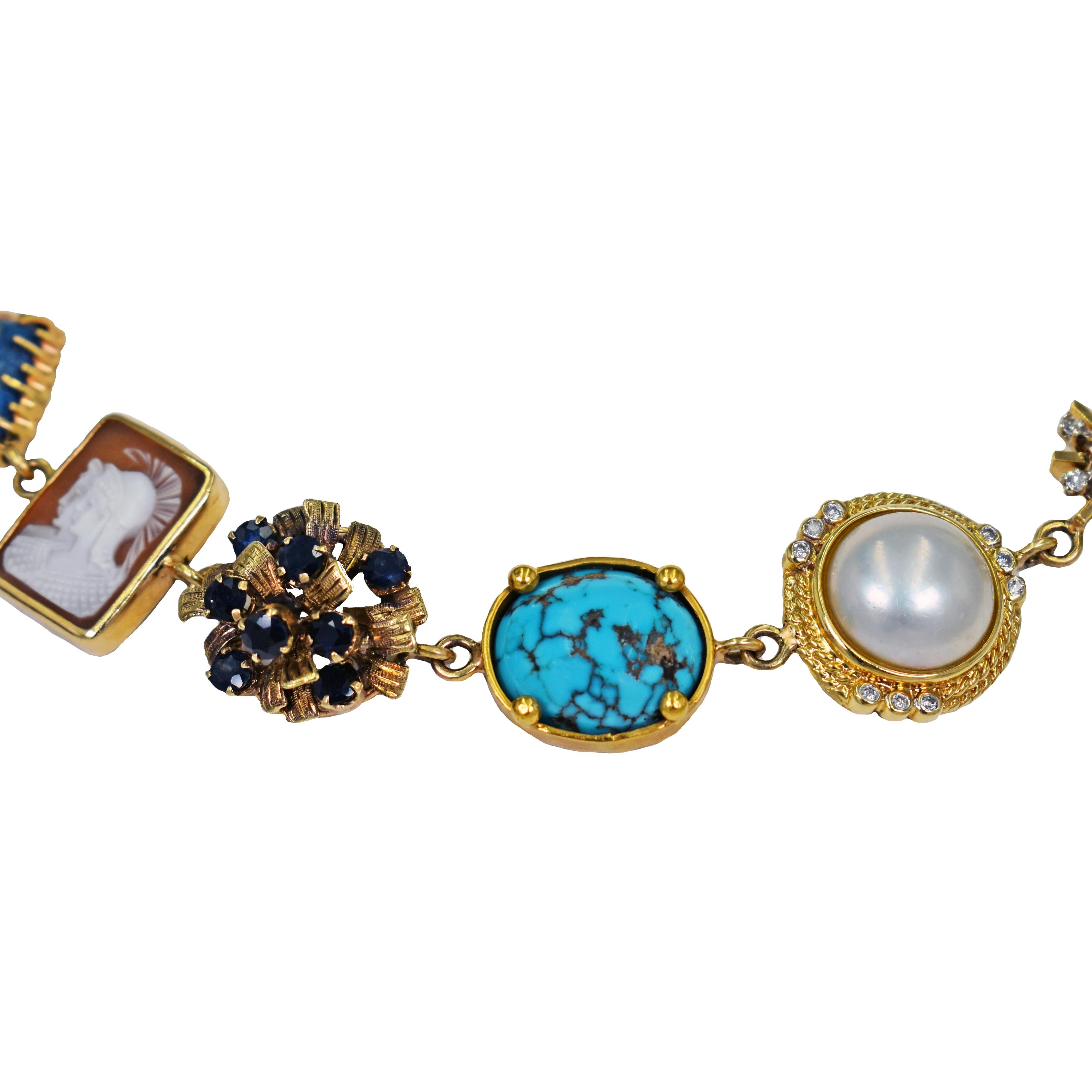 Cabochon Multi-Gemstone, Vintage Pendant and Ancient Coin 14 Karat Gold Bohemian Necklace