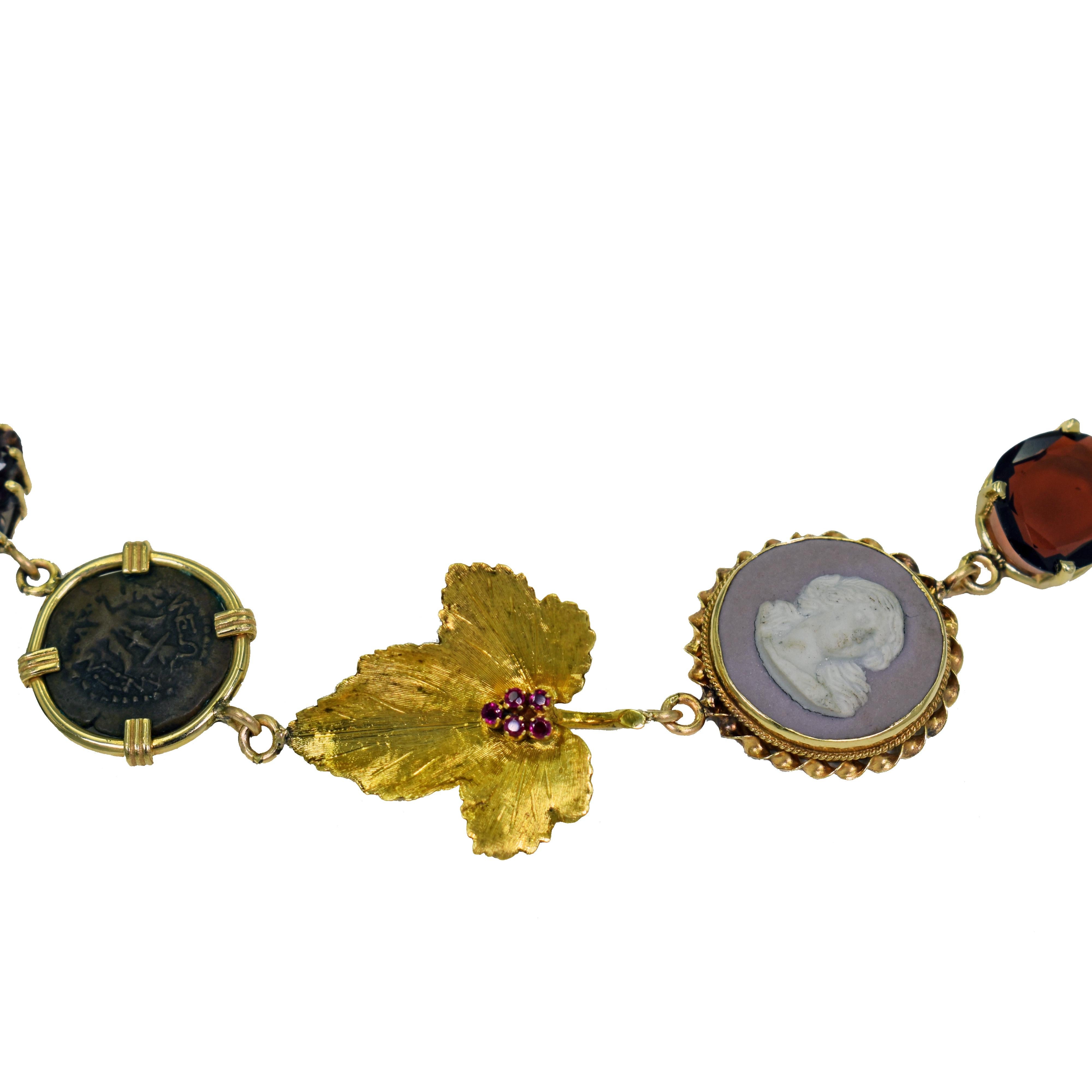 Contemporary Multi-Gemstone, Vintage Pendant and Ancient Coin 14 Karat Gold Bohemian Necklace