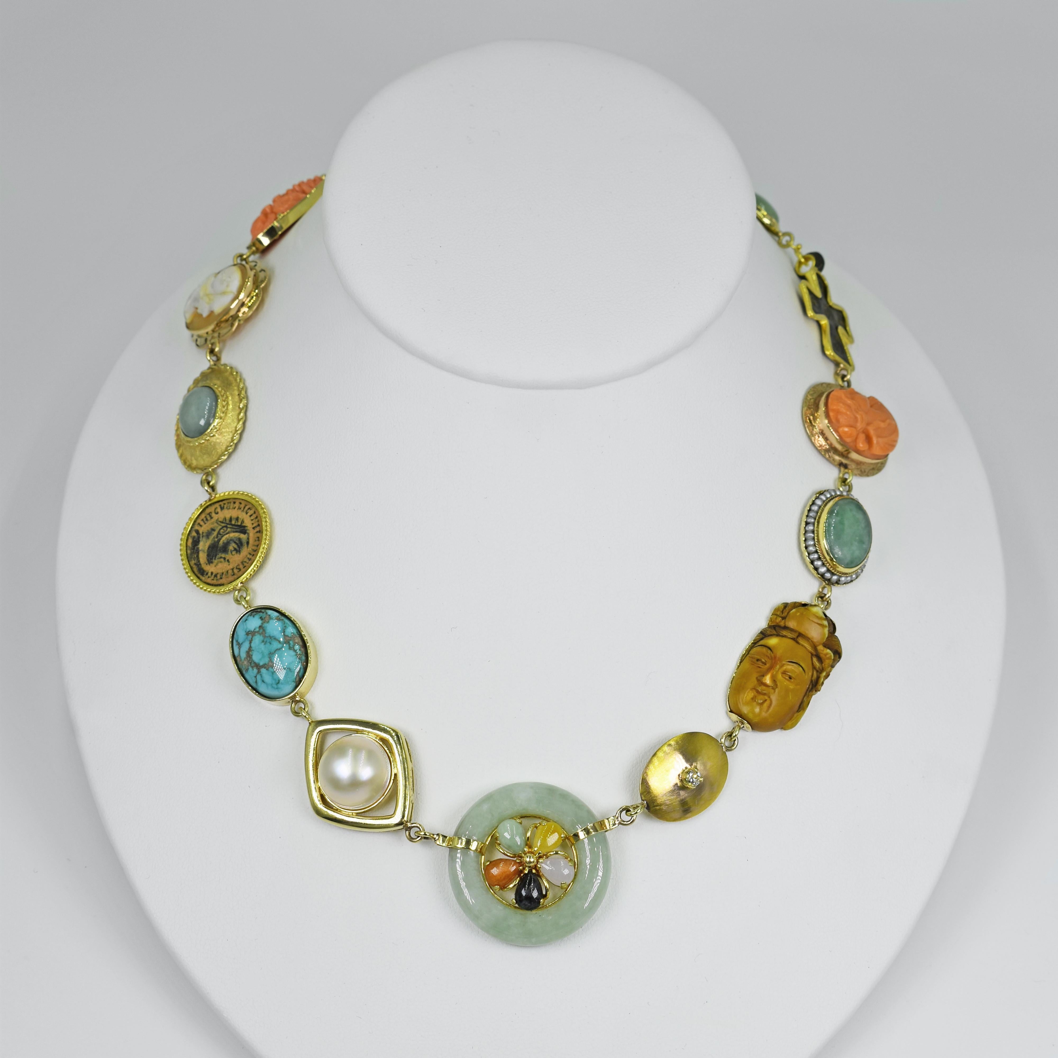 Multi-Gemstone, Vintage Pendant and Ancient Coin 14 Karat Gold Bohemian Necklace In New Condition For Sale In Naples, FL