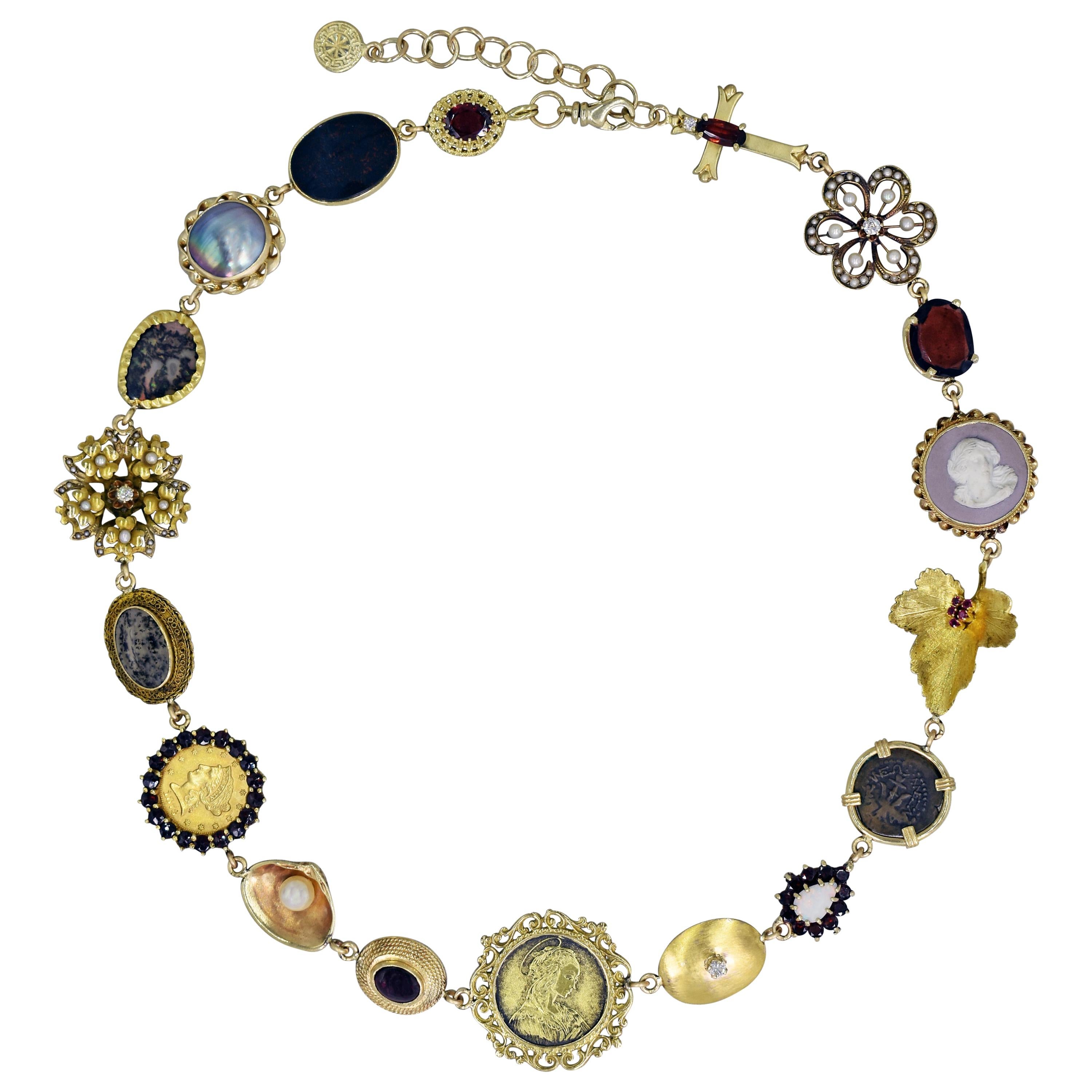 Multi-Gemstone, Vintage Pendant and Ancient Coin 14 Karat Gold Bohemian Necklace
