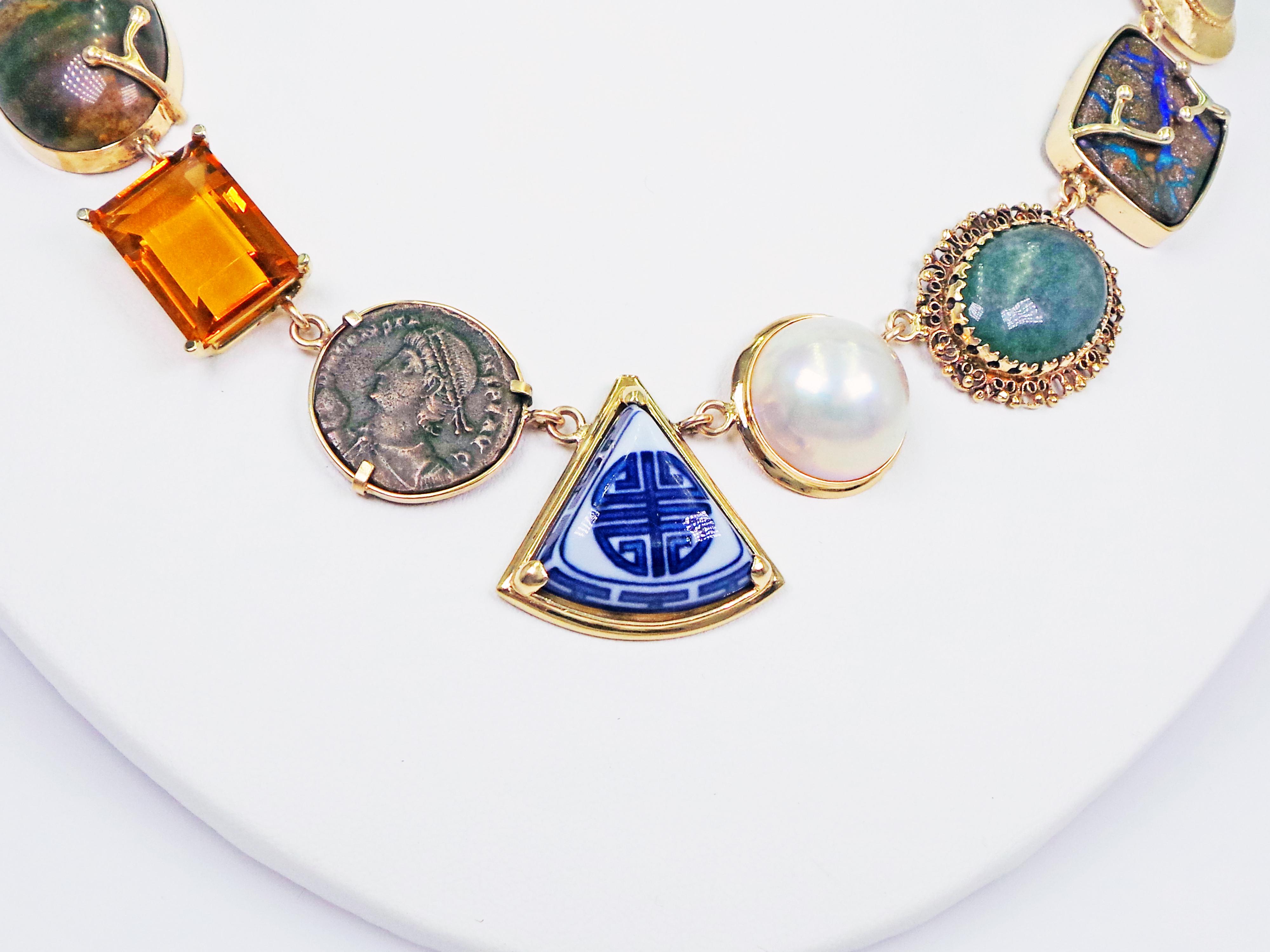 Contemporary Multi-Gemstone, Vintage Pendant and Ancient Coin Bohemian Necklace