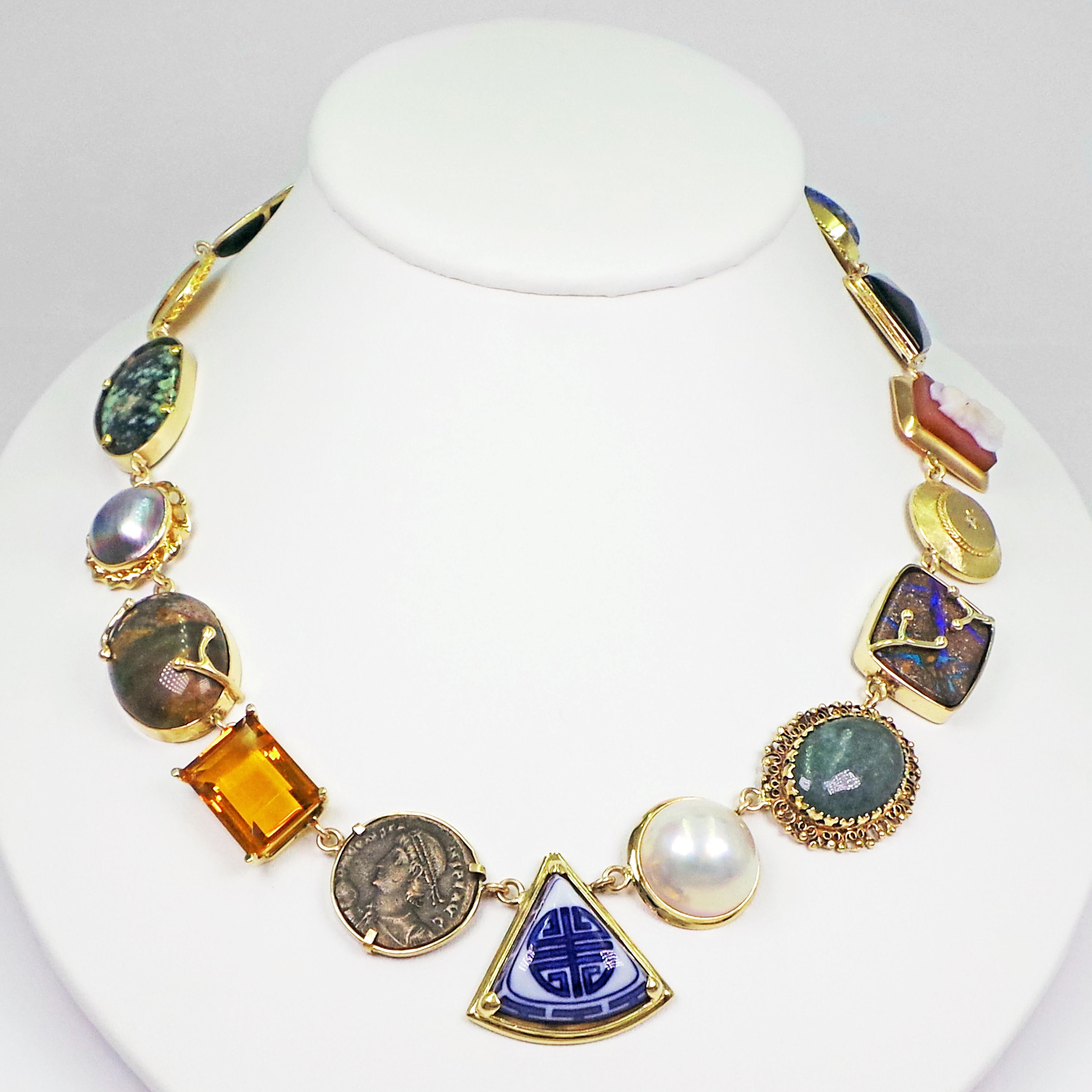 Multi-Gemstone, Vintage Pendant and Ancient Coin Bohemian Necklace In New Condition In Naples, FL