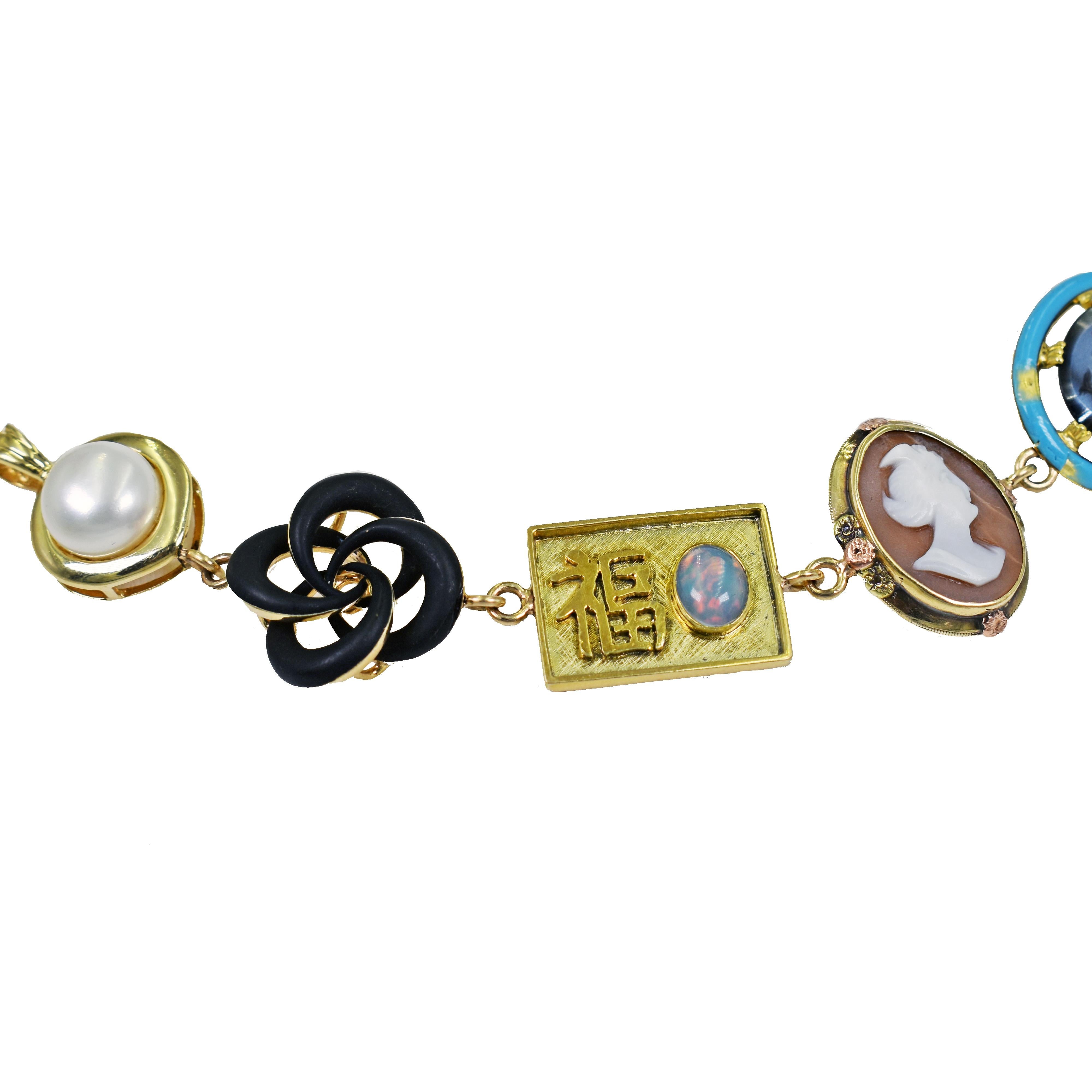 Women's Multi-Gemstone, Vintage Pendant and Antique Coin 14 Karat Gold Bohemian Necklace
