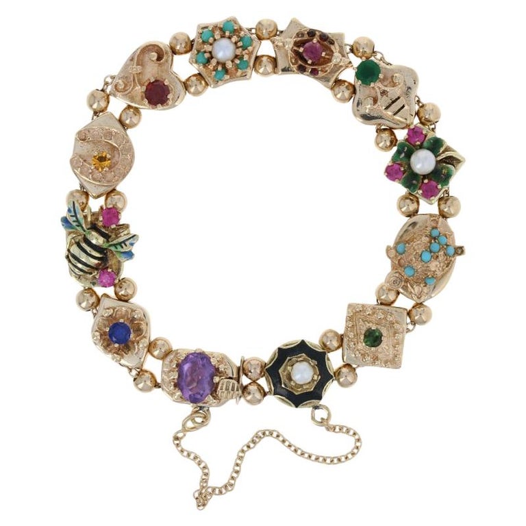 MultiGemstone Vintage Slide Charm Bracelet, 14 Karat Gold Pearl
