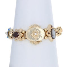 Multi-Gemstone Vintage Slide Charm Bracelet, 14 Karat Gold Garnet Amethyst