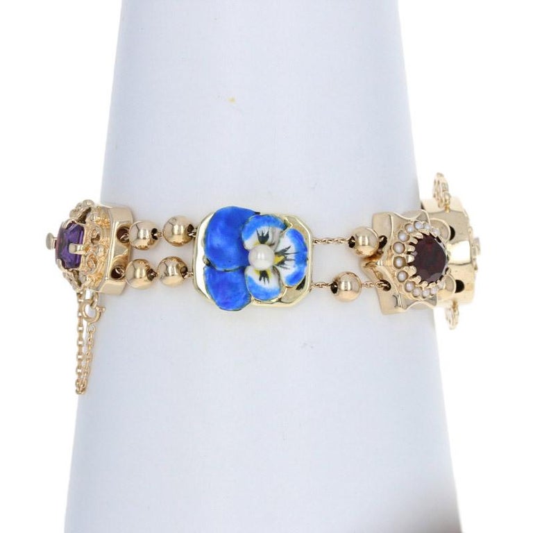 Multi-Gemstone Vintage Slide Charm Bracelet, 14 Karat Gold Garnet Amethyst at 1stDibs