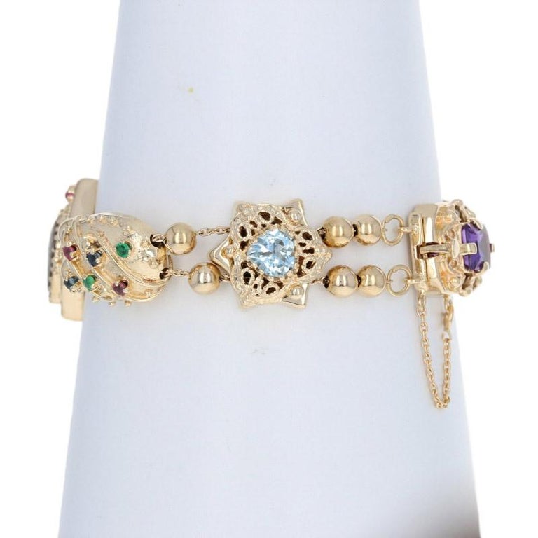 MultiGemstone Vintage Slide Charm Bracelet, 14 Karat Gold