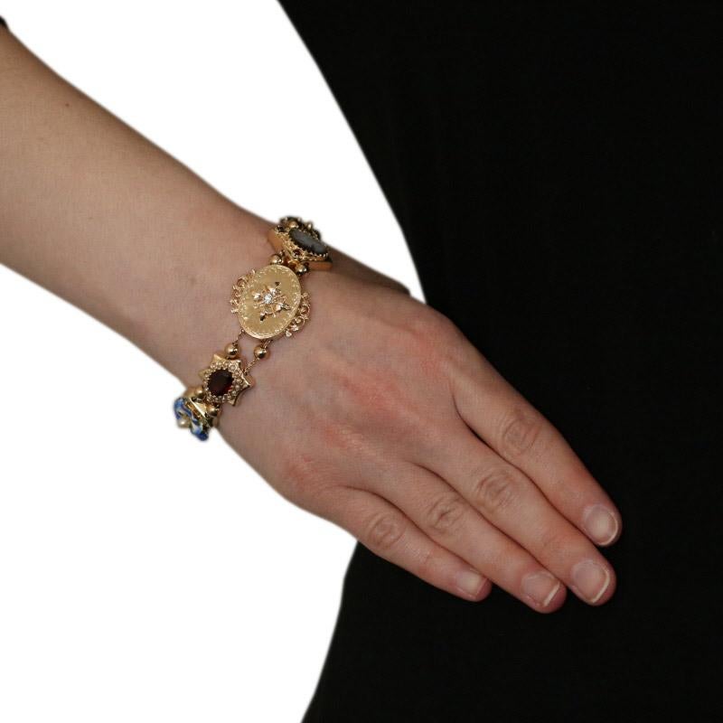 Round Cut Multi-Gemstone Vintage Slide Charm Bracelet, 14 Karat Gold Garnet Amethyst