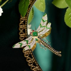 Multi Gemstone Vintage Style Dragonfly Brooch in 18K Yellow Gold