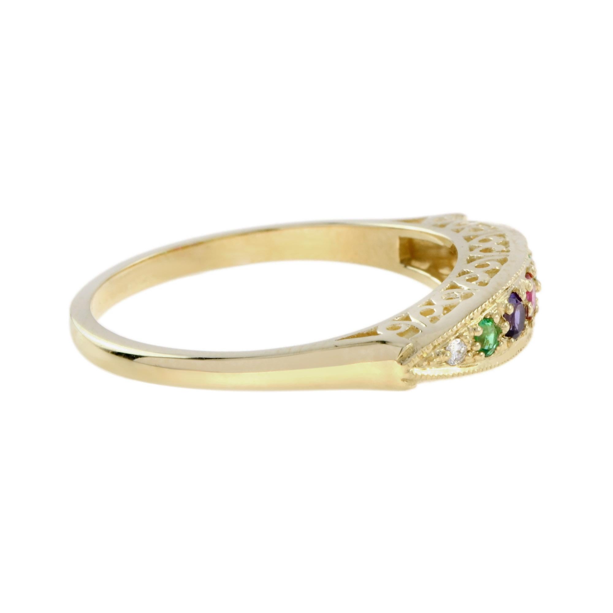 Round Cut Multi Gemstone Vintage Style Ring in 9K Yellow Gold For Sale