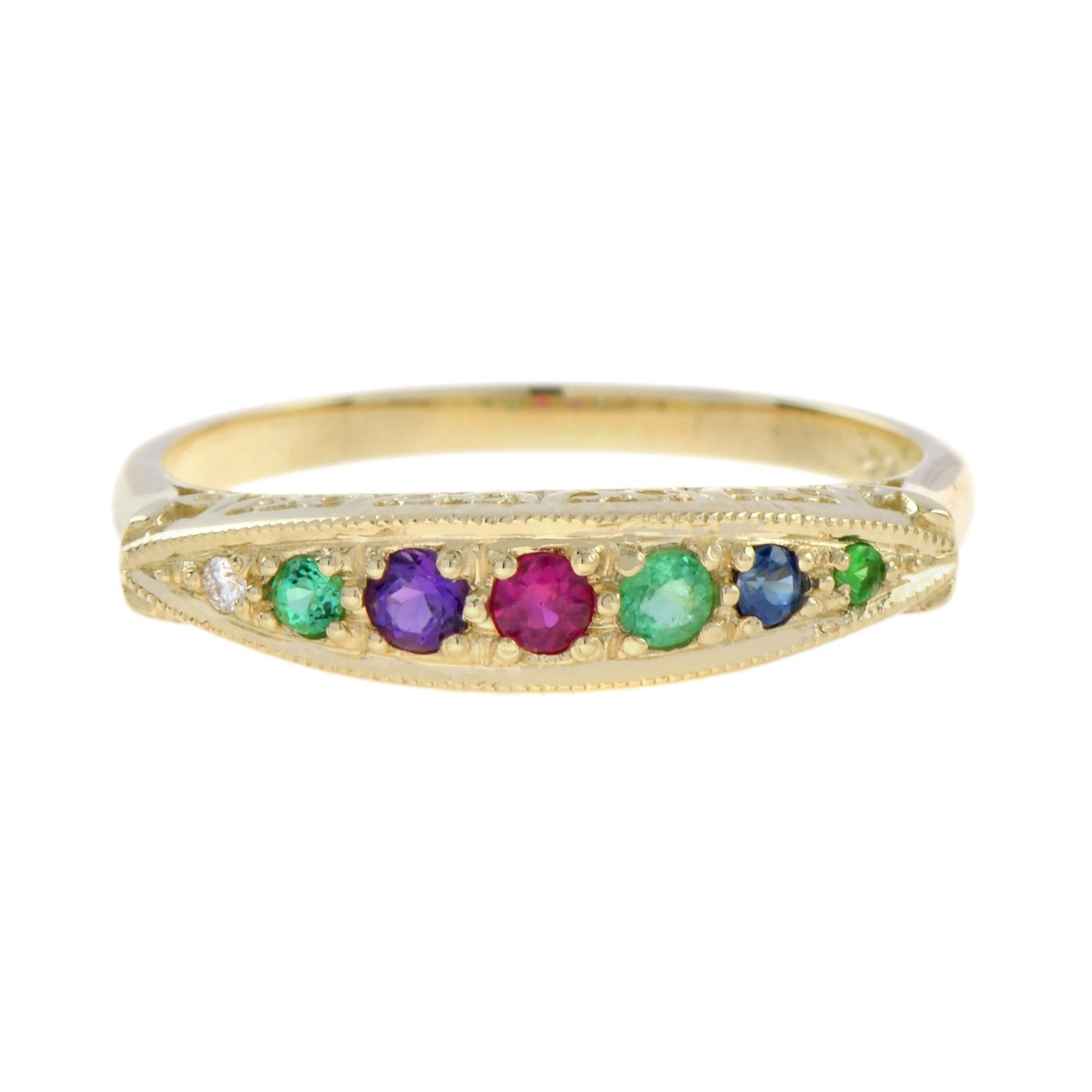 Multi Gemstone Vintage Style Ring in 9K Yellow Gold For Sale