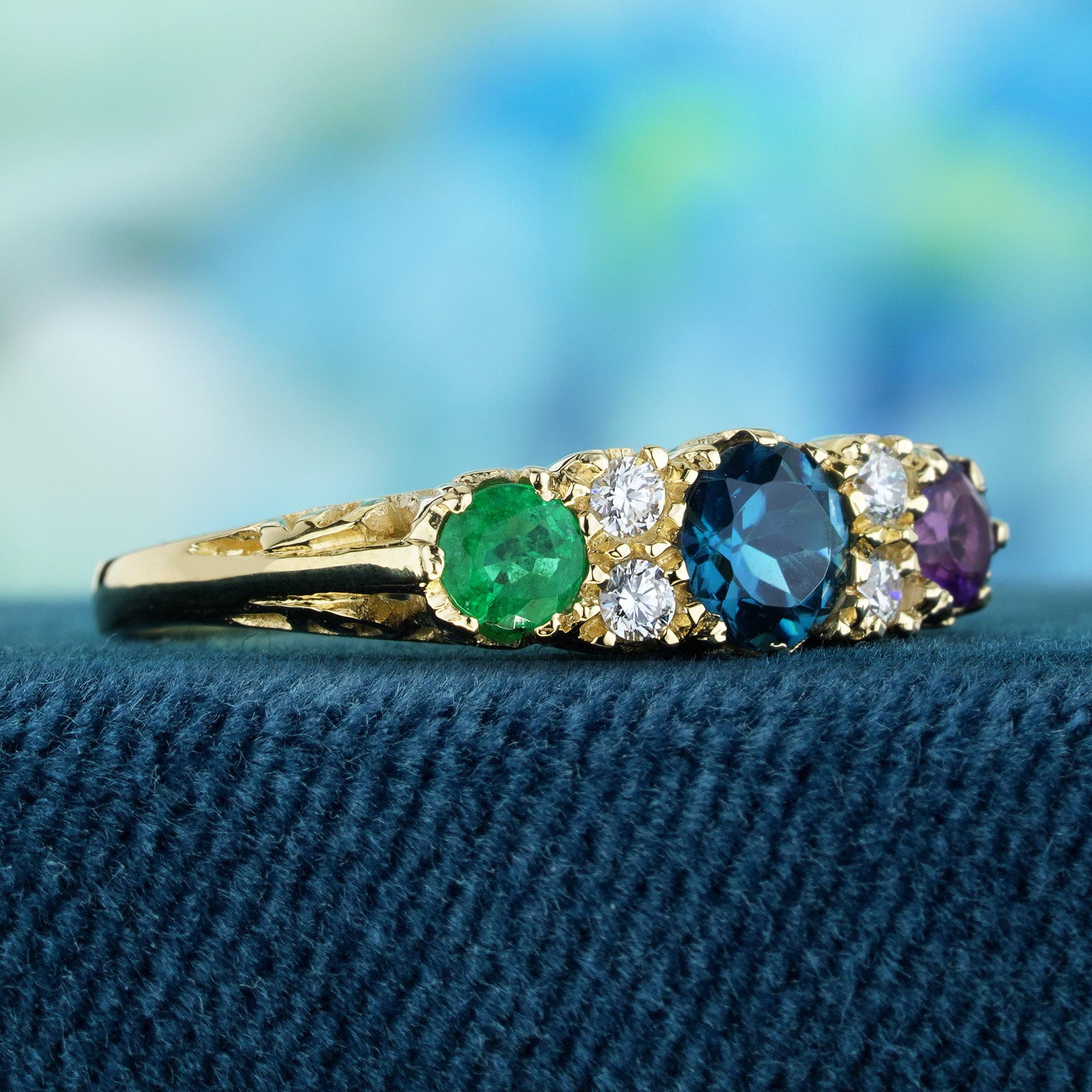 Édouardien Bague vintage à trois pierres en or jaune massif 9 carats en vente