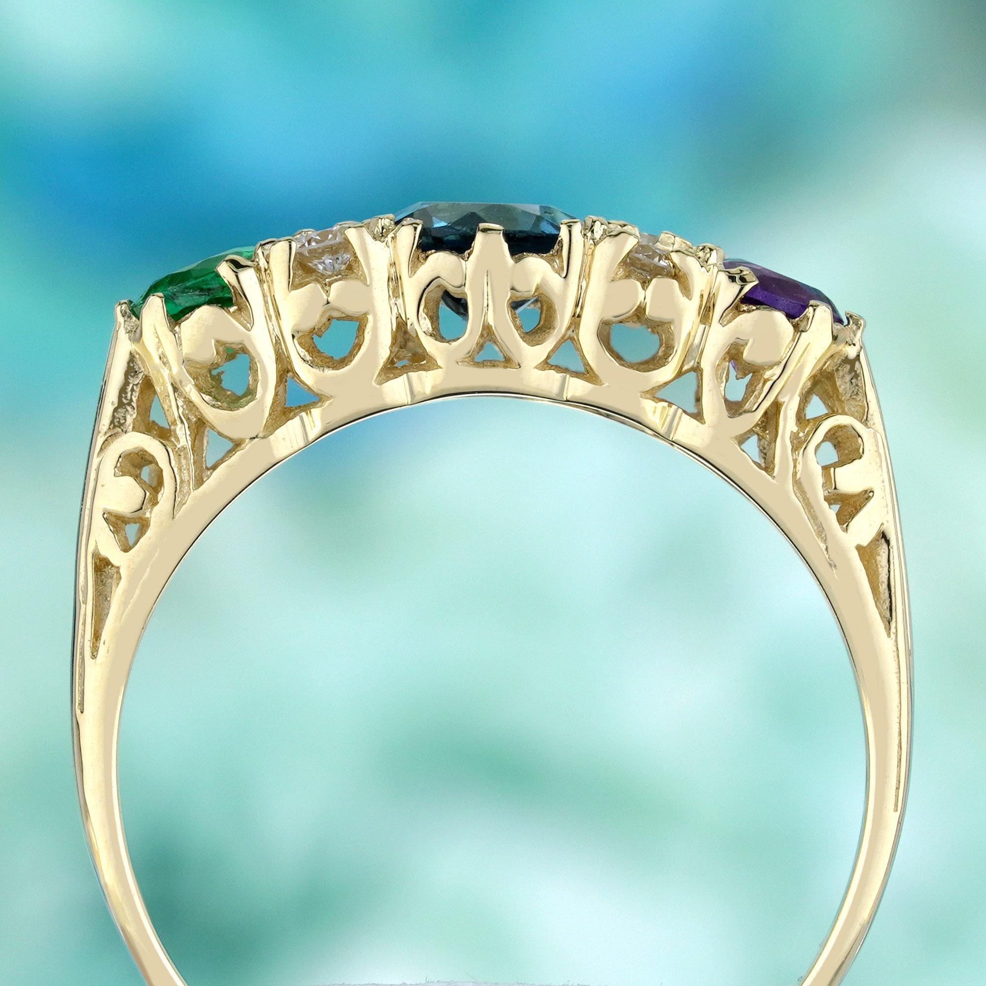 Bague vintage à trois pierres en or jaune massif 9 carats Neuf - En vente à Bangkok, TH